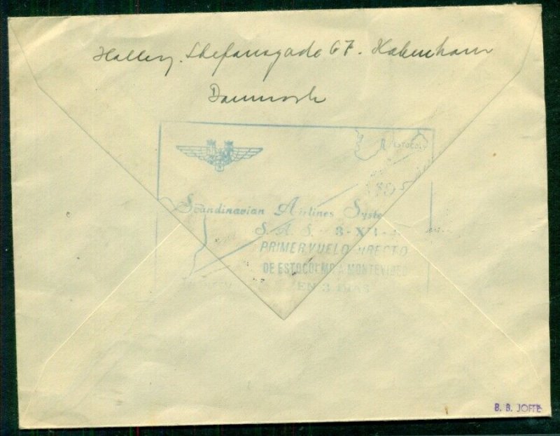DENMARK 1946, First Flight cover to URUGUAY franked w/airmail stamps, VF