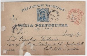 Portuguese INDIA CANSAULIM CA 1892 postal stationery LONDON, transit BOMBAY