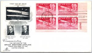 U.S. FIRST DAY COVER RETURN OF THE WRIGHT BROTHERS' PLANE PLATE BLOCK(4) 1949