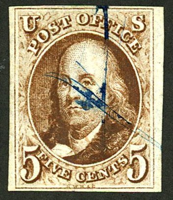 U.S. #1 USED WITH PF CERT BLUE MANUSCRIPT CANCEL