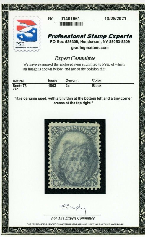 US Stamp #73 Jackson 2c - PSE Cert - Used - CV $55.00