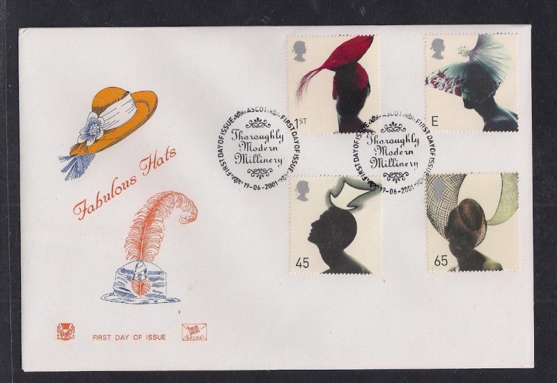 GB 2001 QE2 FDC Fashion Hats  set  SHS Ascot Pmk.- G160