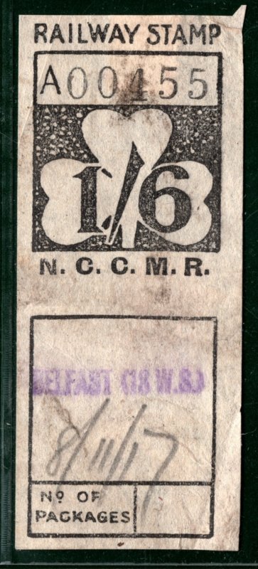 GB NORTHERN IRELAND *NCCMR* RAILWAY Parcel Stamp 1s/6d Used BELFAST 1917 YOW116