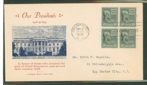 US 828 1938 24c Benjamin Harrison (part of the presidential-prexy series) block of four on an addressed first day cover with an