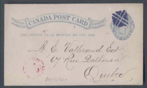 Canada-cover  #9782-1c QV postcard with fancy cancel-Batiscan,Que s