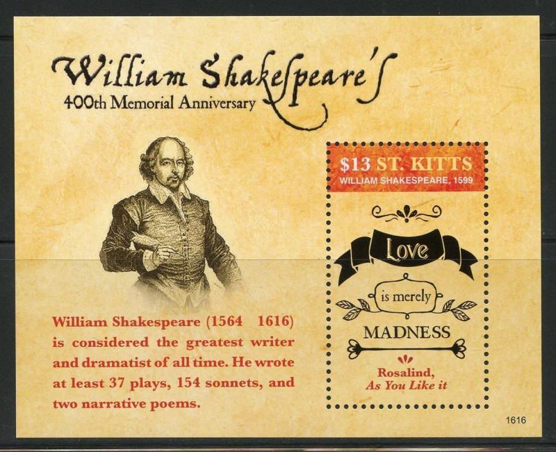 ST.KITTS  2016 400th MEMORIAL ANNIVERSARY OF WILLIAM SHAKESPEARE S/SHEET MINT NH 