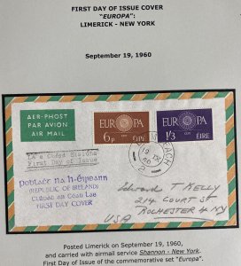 1960 Limerick Ireland Airmail First day Cover To Rochester USA Europa issue FDC