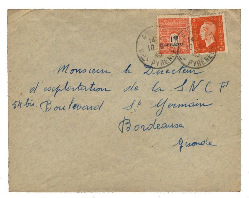 FRANCE - 1945 - Yv.685 (Dulac) & 708 (Arc de T.) /PLI d'ANGLET à BORDEAUX (0024)