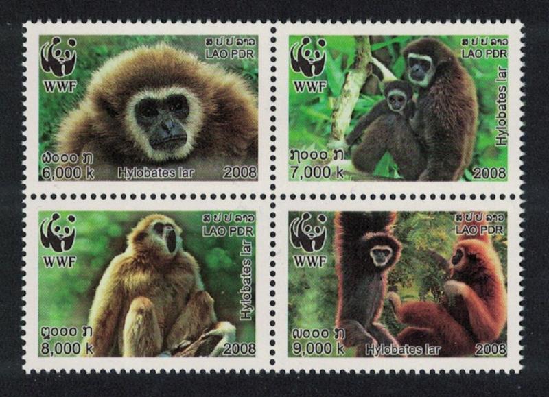 Laos WWF White-handed Gibbon 4v block 2*2 2008 MNH SG#2021-2024