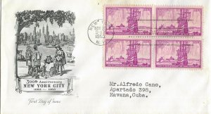 1953 FDC, #1027, 3c New York City 300th, Art Craft, block of 4