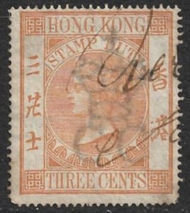 HONG KONG 1867 QV 3c STAMP DUTY Revenue BFT. 1B USED