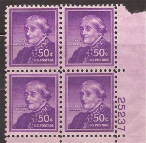 US Stamp - 1955 50c Susan B Anthony, wet - 4 Stamp Plate Block #1051