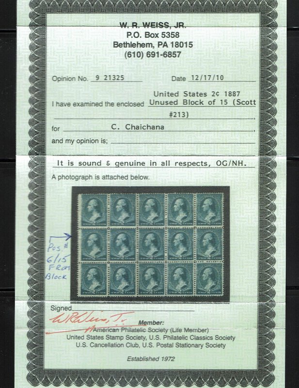 Scott #213 Fine-OG-NH. With 2010 Weiss certificate. SCV - $120.00