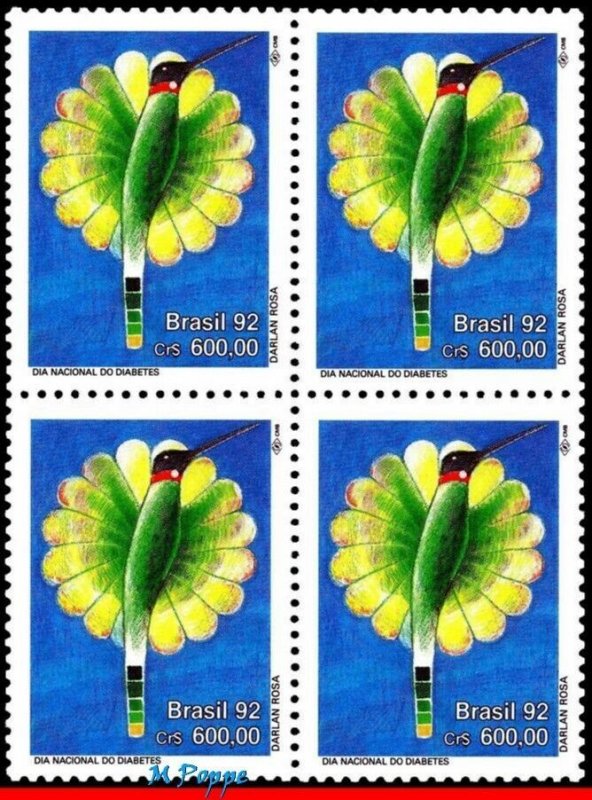 2380 BRAZIL 1992 DIABETES DAY, BIRDS, HUMMINGBIRD, HEALTH, MI# 2487, BLOCK MNH