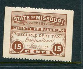 Randolph County Missouri Secured Debit Tax 15 Cents MNH