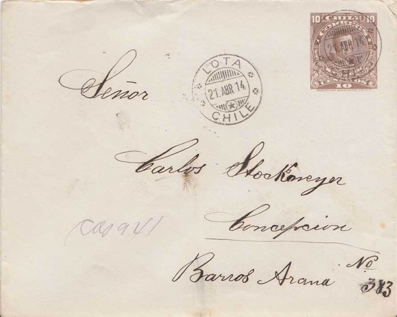 Chile 10c Cabrera Envelope 1914 Lota, Chile to Concepcion.  EUROPEAN SIZE