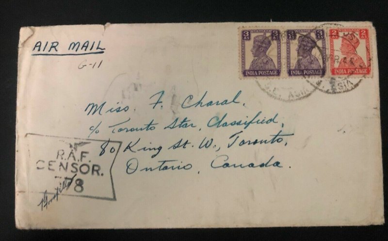 1945 SE Asia Command India Censored Airmail Cover To Ontario Canada