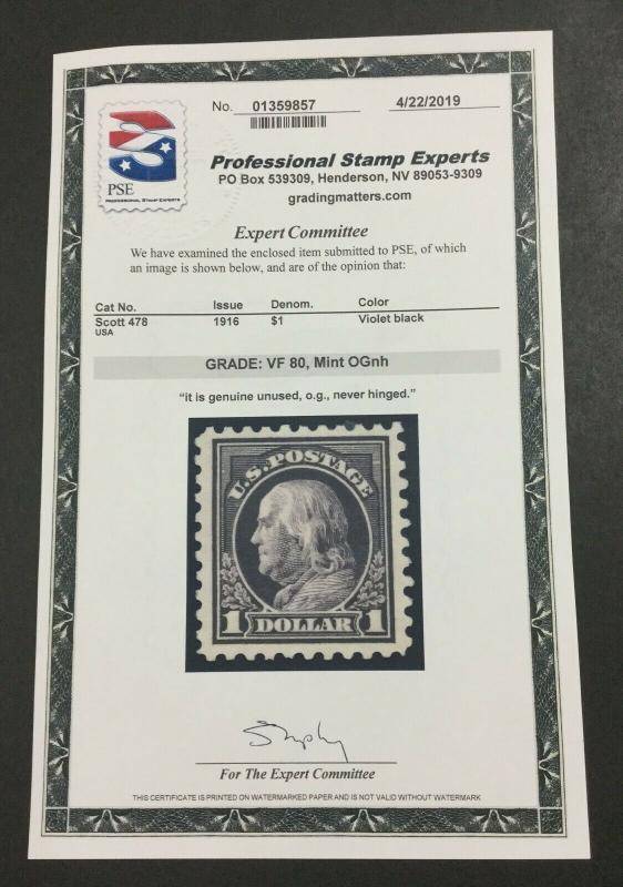 MOMEN: US STAMPS #478 MINT OG NH PSE GRADED CERT VF-80