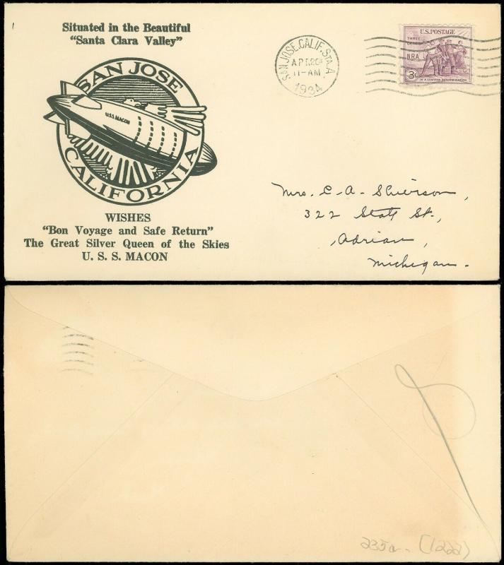 4/20/34 USS Macon SITUATED in the BEAUTIFUL SANTA CLARA VALLEY Cachet, SC #732!