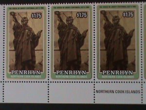 ​PENRHYN ISLAND-1986- SC#341 CENTENARY OF STATUE OF LIBERTY-MNH-IMPRINT STRIP-VF