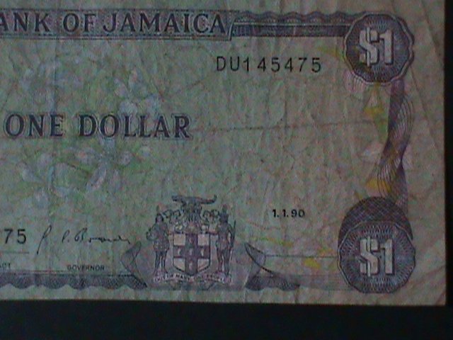 ​JAMAICA-1990-BANK OF JAMAICA-$1 -CIRCULATED-VF-34-YEARS OLD-WATER MARK
