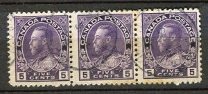 CANADA; 1922 early GV issue fine used 5c. Strip of 3