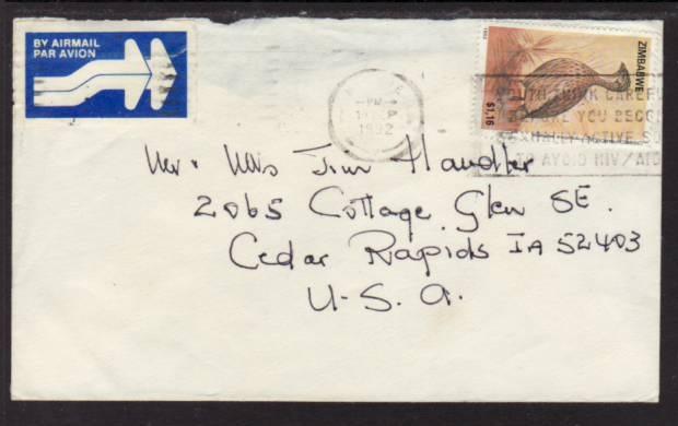 Zimbabwe to Cedar Rapids IA 1992 Airmail Cover 