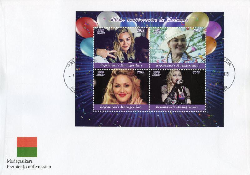 Madagascar 2018 FDC Madonna 60th 4v M/S Cover Music Popstars Celebrities Stamps