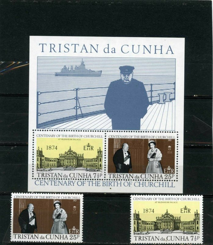 TRISTAN DA CUNHA 1974 CIR WINSTON CHURCHILL SET OF 2 STAMPS & S/S MNH 