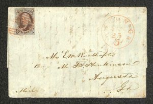 USA SCOTT #1 STAMP FOLDED COVER / LETTER MACON GEORGIA TO AUGUSTA  (1850)