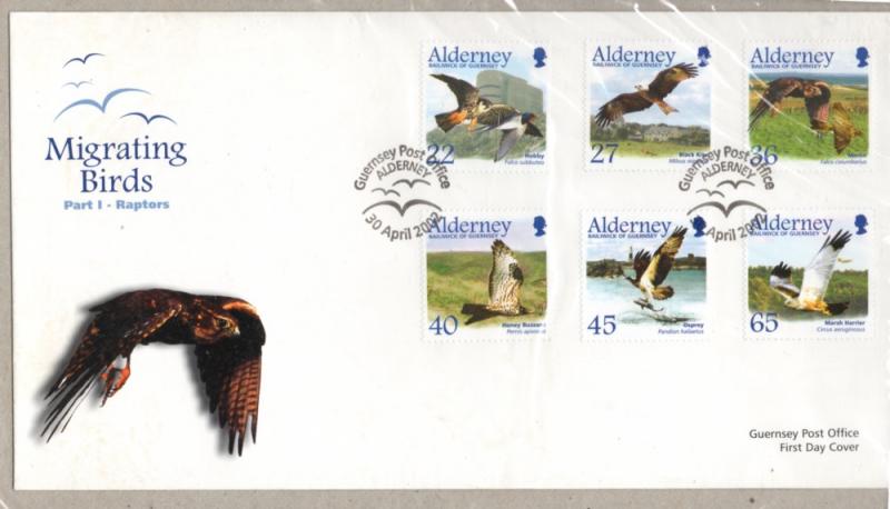 Alderney Sc 185-90 2002 Migrating Raptors stamp set on First Day Cover