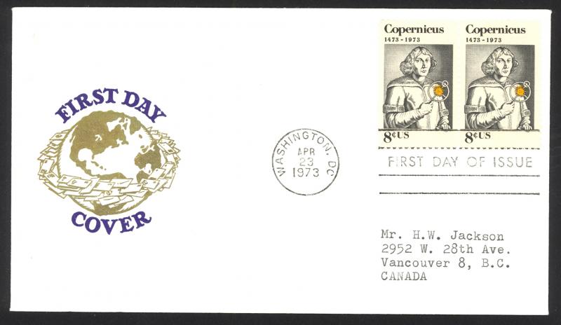 USA Sc# 1488 (cachet) FDC pair (c) (Washington) 1973 4.23 Nicolaus Copernicus