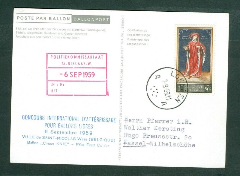 Belgium. 1959 Card  Balloon Post. Lokepen, Circus  Knie.Adr: KasselSc.# B.648