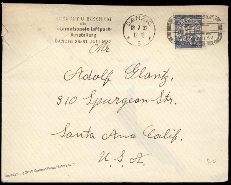 Danzig 1932 Germany LUPOSTA Poland USA Cover Santa Ana California CA 83433