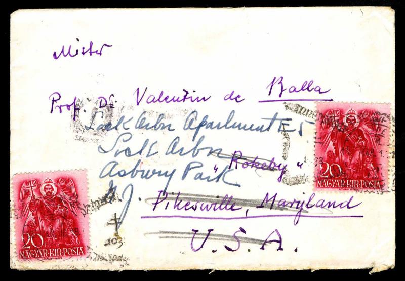 1938 HUNGARY #518 ON COVER FROM BUDAPEST TO BALTIMORE, MD (ESP#L4587)