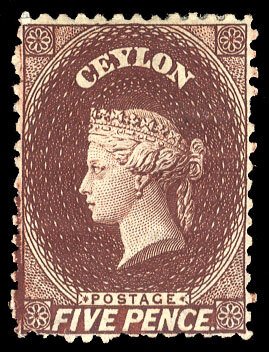 Ceylon SG53 Cat£325, 1863-66 5d red brown, hinged, good color and perforatio...