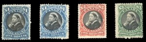 Canada, 1875 Bill Stamps, $1 (2), $2 and $3, lightly cancelled