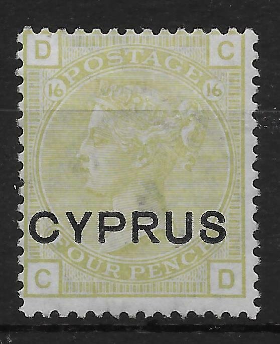 CYPRUS SG4 1880 4d SAGE-GREEN OVPT ON GB MTD MINT