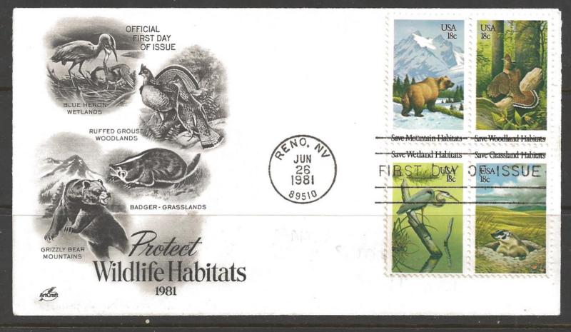 United States 1981 Wildlife Habitats First Day Cover 18 cents Block of Four