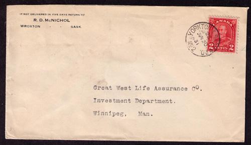 Canada # 165 used  cover with VF Yorkton & Sa RPO #WT994.027