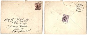 Mauritius 1902 QV 4c postal envelope good to fine used to UK, sealed with 2c a