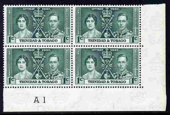 Trinidad & Tobago 1937 KG6 Coronatio 1c corner plate ...