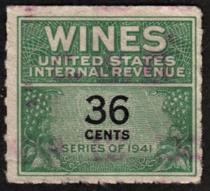 RE135 36¢ Wine Revenue Stamp (1942) Used