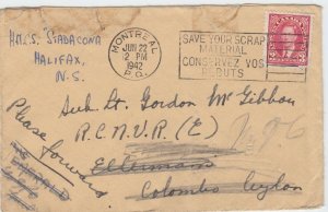 POST OFFICE MARITIME MAIL h/sHMCS to ** CEYLON ** 1942 Canada cover