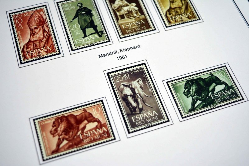 COLOR PRINTED RIO MUNI 1960-1968 STAMP ALBUM PAGES (8 illustrated pages)