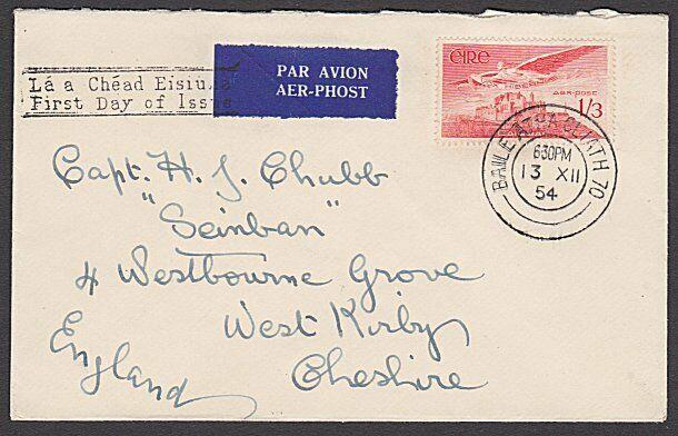 IRELAND 1954 1/3d Airmail on plain FDC.....................................27541