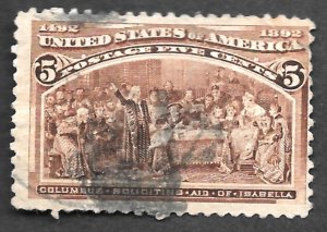 US Scott # 234, Used , 5¢, 1893, Chocolate, Faulty, Filler stamp, NG, H, thin