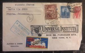 1941 Bogota Colombia Airmail Cover to Universal Institute New York USA