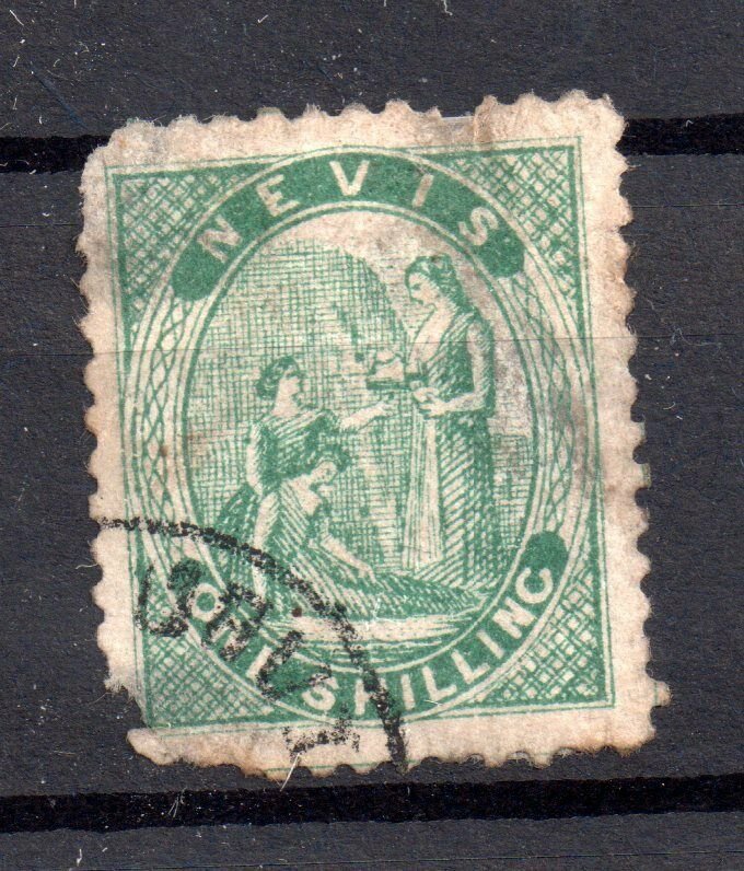 Nevis 1861 1/- green used with faults WS16707