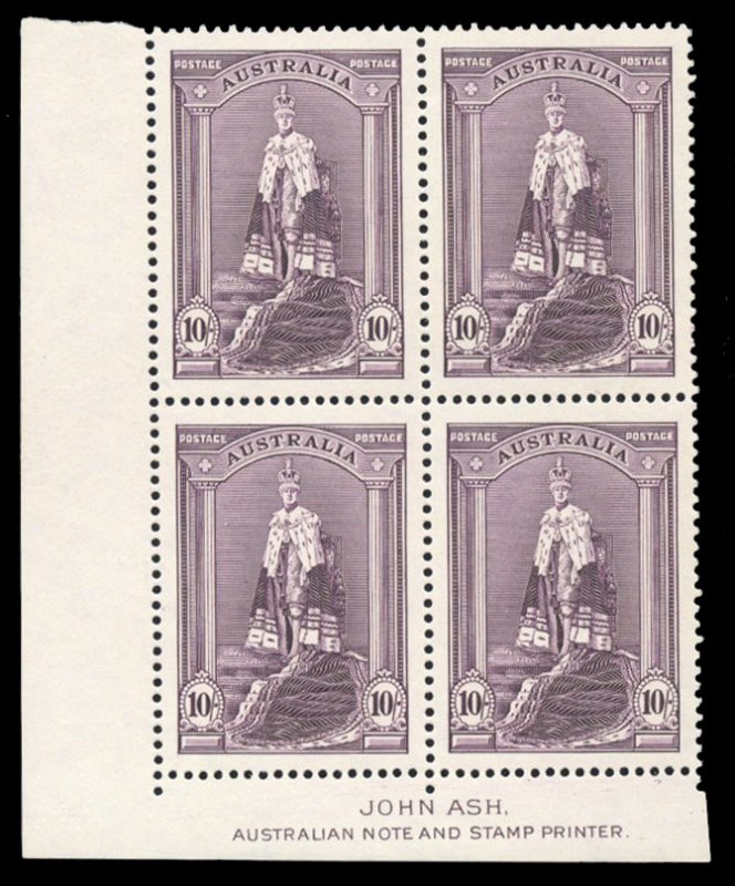 Australia #178 Cat$160, 1938 10sh dull gray violet, John Ash imprint block of...